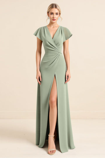 Matcha Fourreau Col en V Manches Longues Robe de demoiselle d’honneur avec fente